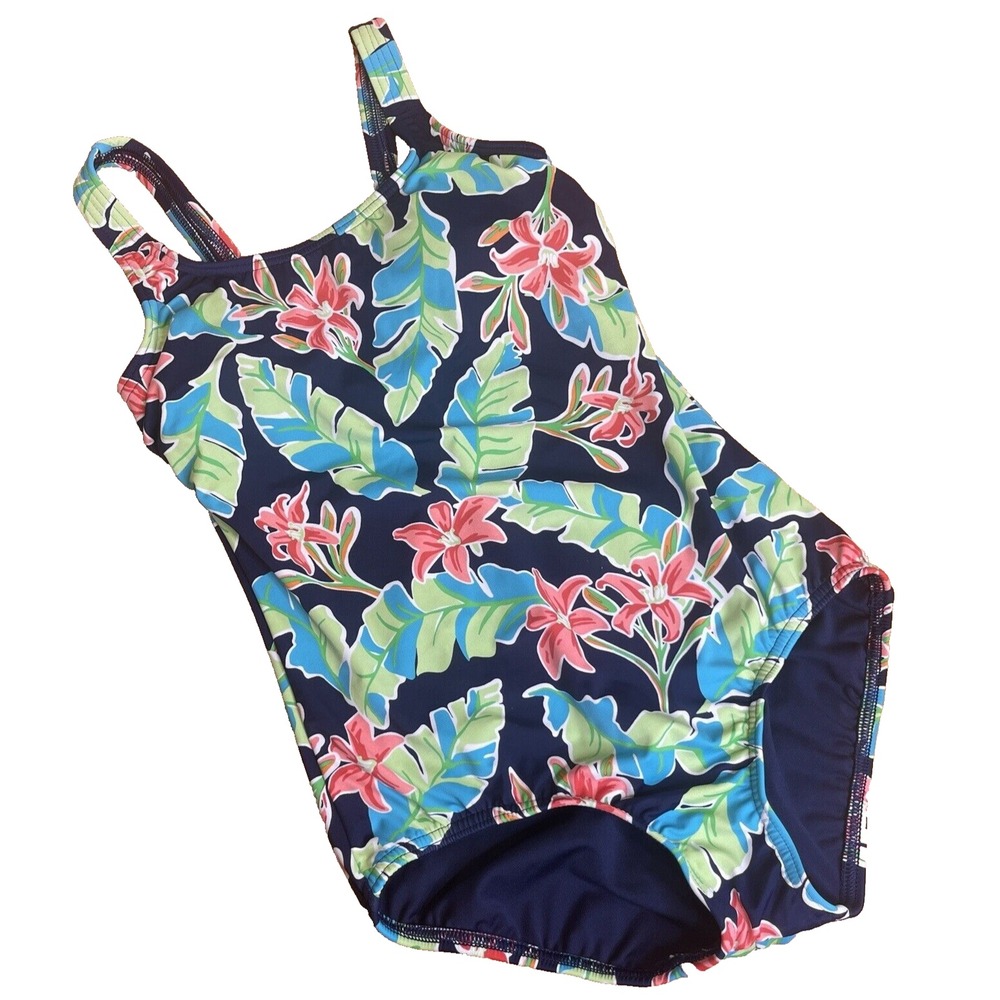 Lands' End Womens Size 4‎ One Piece Swimsuit Blue Tropical Floral Full Coverage